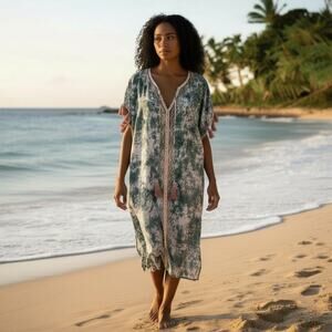 Skemo Green Tie Dye Embroidered Lace Resort Boho Kaftan Maxi Dress, Medium